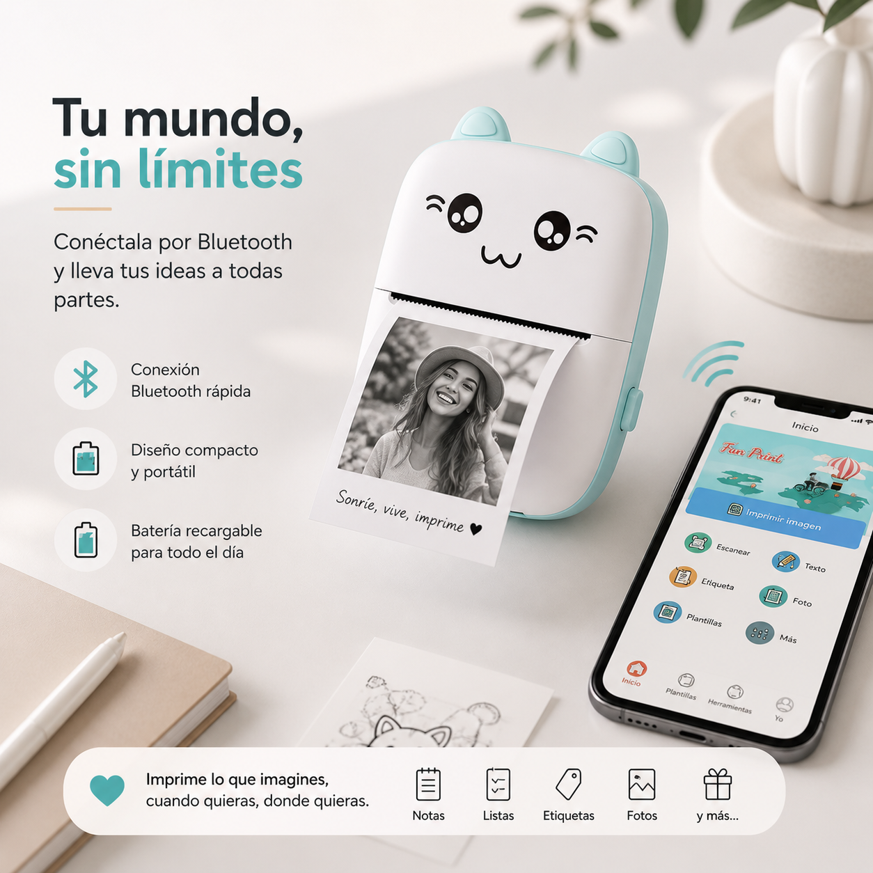 Mini Impresora portatil - Imprime tus ideas al instante, donde quieras.